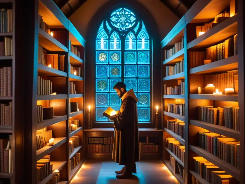 Enigmática biblioteca antigua con libros polvorientos y luz de velas