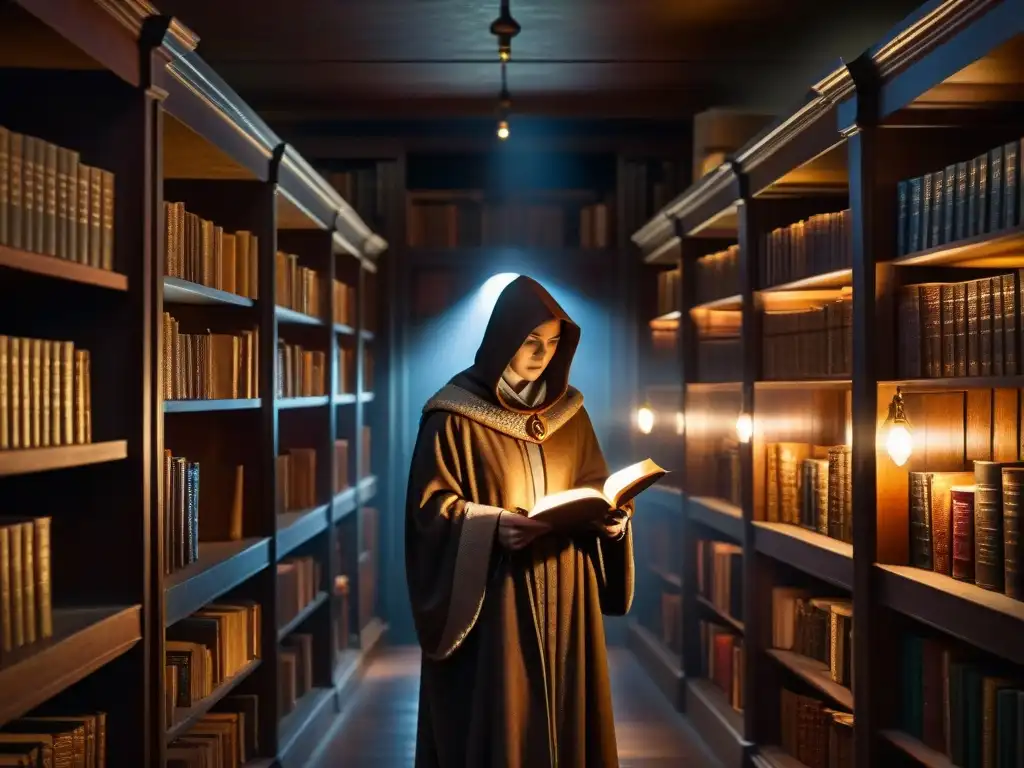 Enigmática biblioteca antigua con libros polvorientos sobre sociedades secretas y paranormal, símbolos ocultos, figura misteriosa bajo una luz tenue