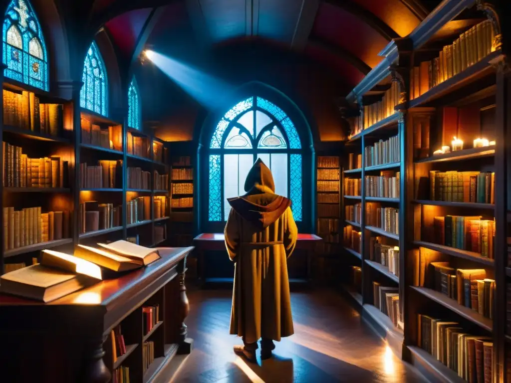 Enigmática biblioteca antigua con libros esotéricos y artefactos misteriosos