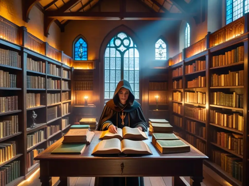 Enigmática biblioteca antigua con libros y símbolos