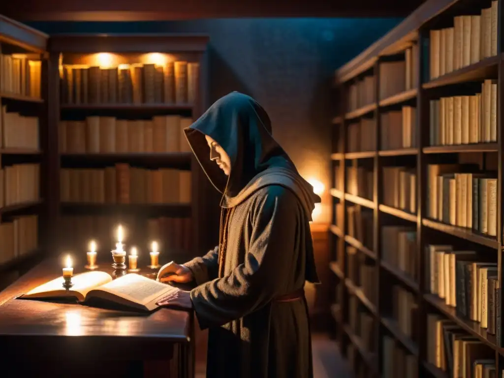La biblioteca misteriosa: secretos y símbolos en penumbra Enigmática biblioteca iluminada por velas, revelando secretos de sociedades secretas historia influencia
