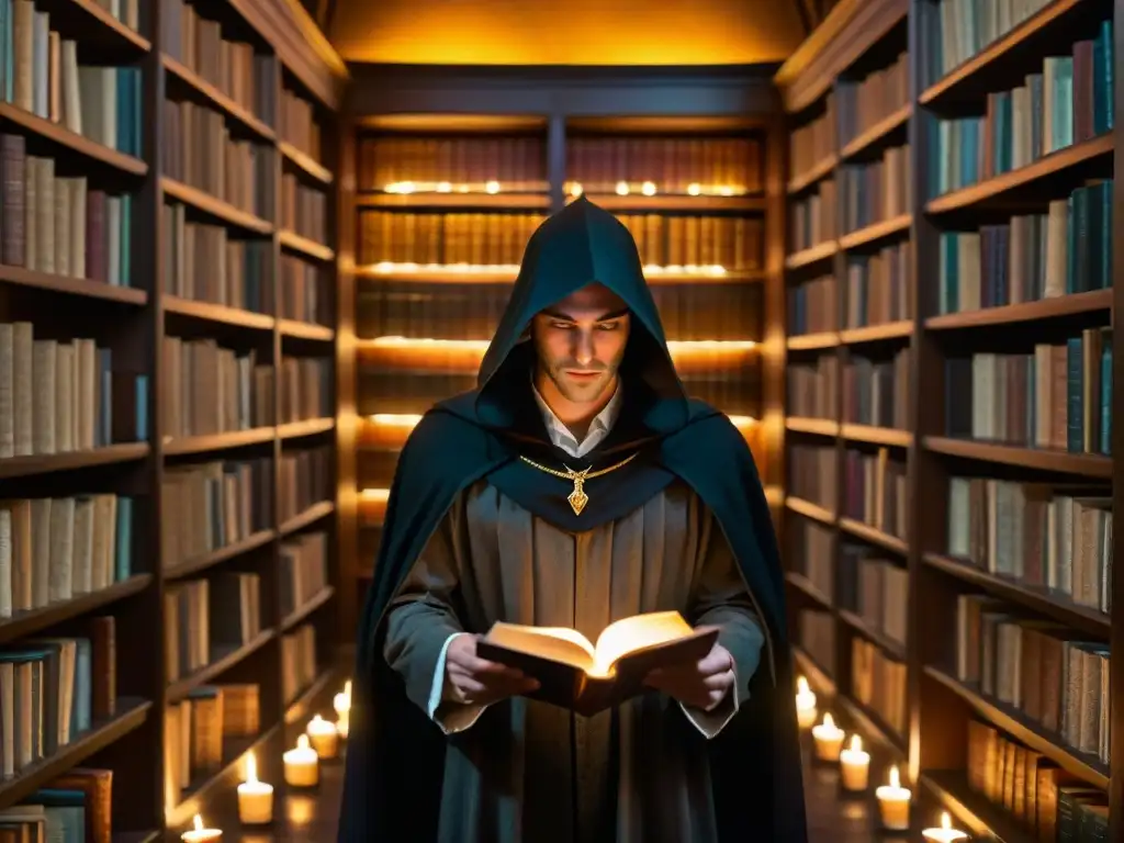 Enigmática biblioteca con libros antiguos e iluminación de velas