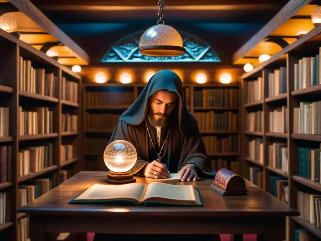 Enigmática biblioteca rosacruz con manuscritos antiguos y símbolos alquímicos, iluminada por una luz tenue