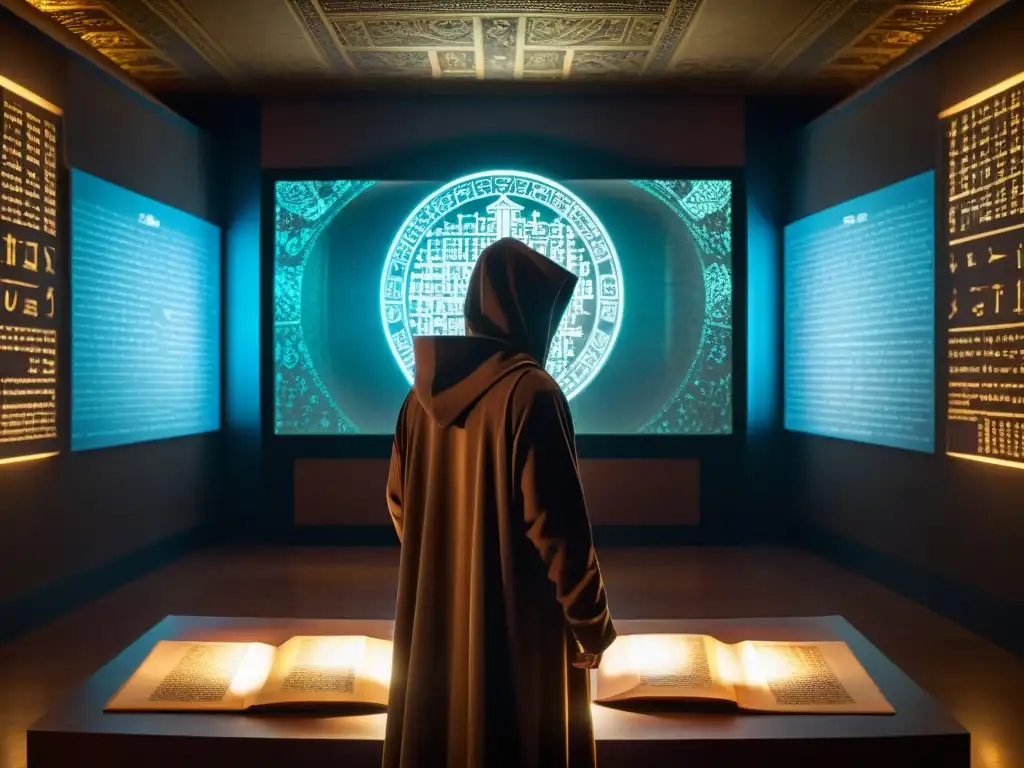 Figura misteriosa entre manuscritos antiguos y AR Enigmática figura en capa, rodeada de símbolos de AR y manuscritos antiguos