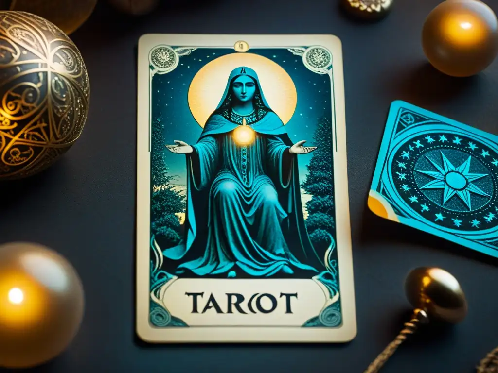 Una enigmática carta de tarot antigua con una figura mística rodeada de símbolos, en un ambiente misterioso y lleno de historia