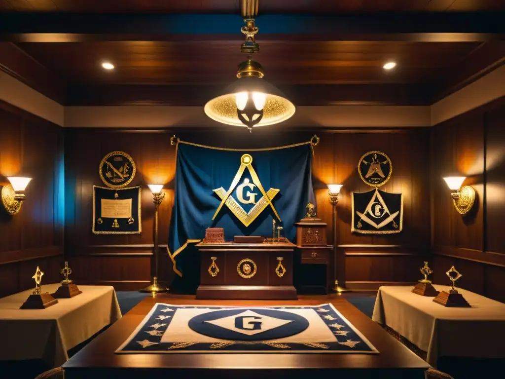 Misterios Masones: Ritual en la Penumbra Enigmática ceremonia masónica en una habitación llena de símbolos y artefactos, capturando la esencia de la Masonería en cine y literatura