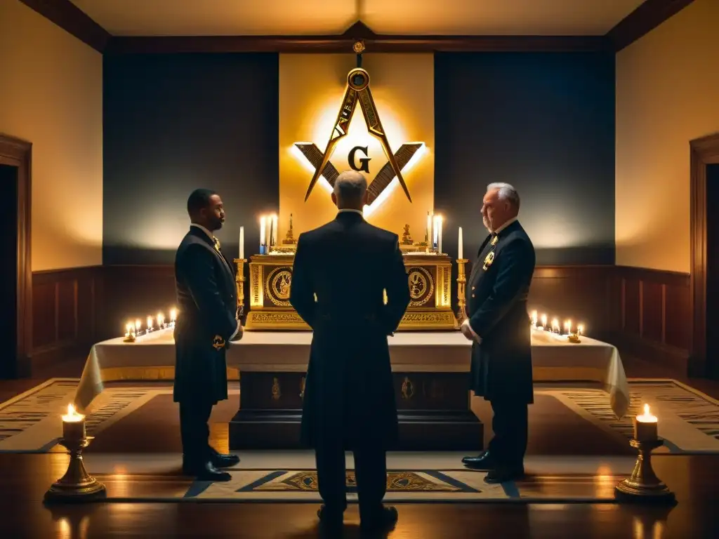 Enigmática ceremonia de rituales masonería influencia sociedad secreta en una logia iluminada por velas y símbolos antiguos