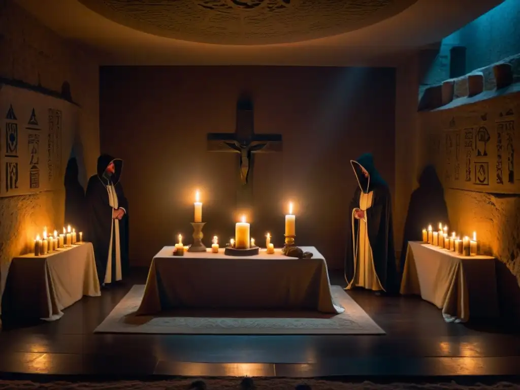 Enigmática ceremonia de sociedades secretas en una habitación llena de símbolos antiguos y velas, creando sombras misteriosas en las paredes