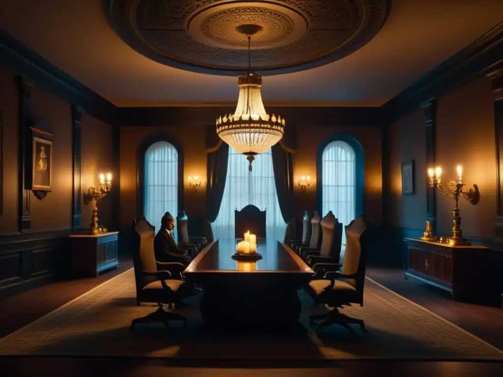 Enigmática reunión clandestina de los Illuminati en una sala llena de figuras sombrías vestidas con atuendos victorianos