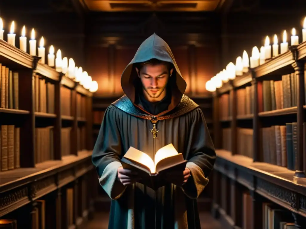 Enigmática escena en una antigua biblioteca iluminada por una vela, con figura misteriosa