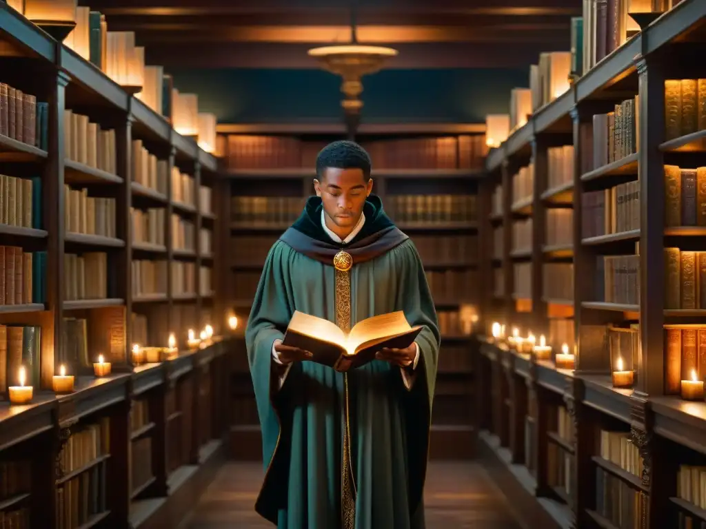 Enigmática escena de una biblioteca antigua iluminada por velas, con un misterioso personaje leyendo un manuscrito lleno de símbolos