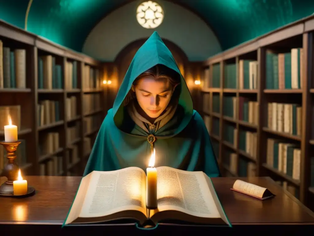 Explorando el Manuscrito Voynich en la Biblioteca Antigua Enigmática escena de una biblioteca iluminada por una vela, con figuras misteriosas examinando manuscritos antiguos