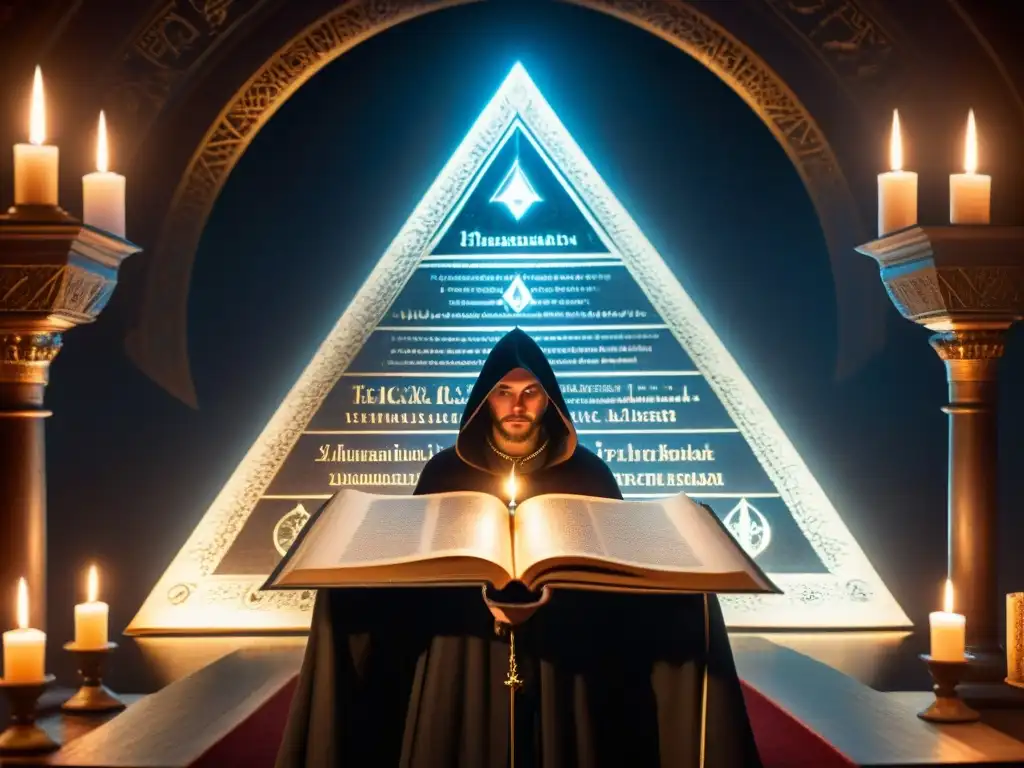 Enigmática escena de una figura sombría con símbolos Illuminati señalando un libro antiguo iluminado por una vela