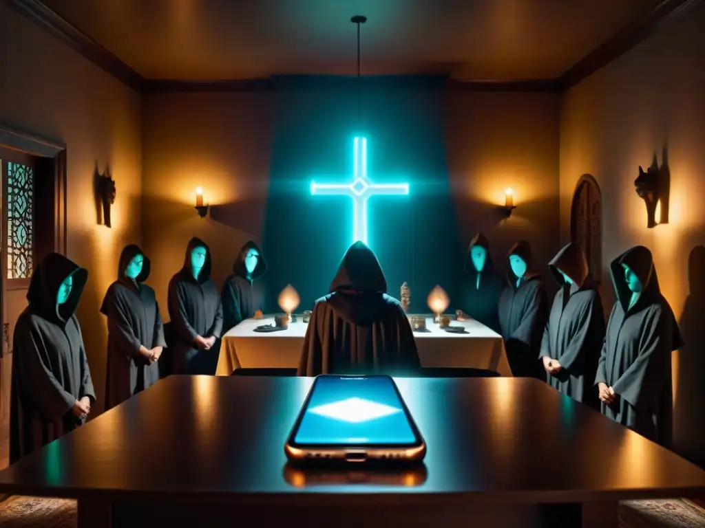 Escena misteriosa: app paranormal y sociedad secreta Enigmática escena con figuras en capuchas reunidas alrededor de símbolos antiguos, la pantalla de un smartphone emite un resplandor misterioso