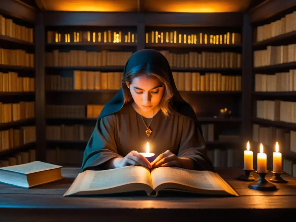 Enigmática escena en una habitación llena de libros antiguos sobre ocultismo