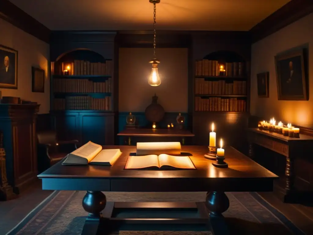 Enigmática escena de una habitación con mesa de madera y artefactos de sociedades secretas