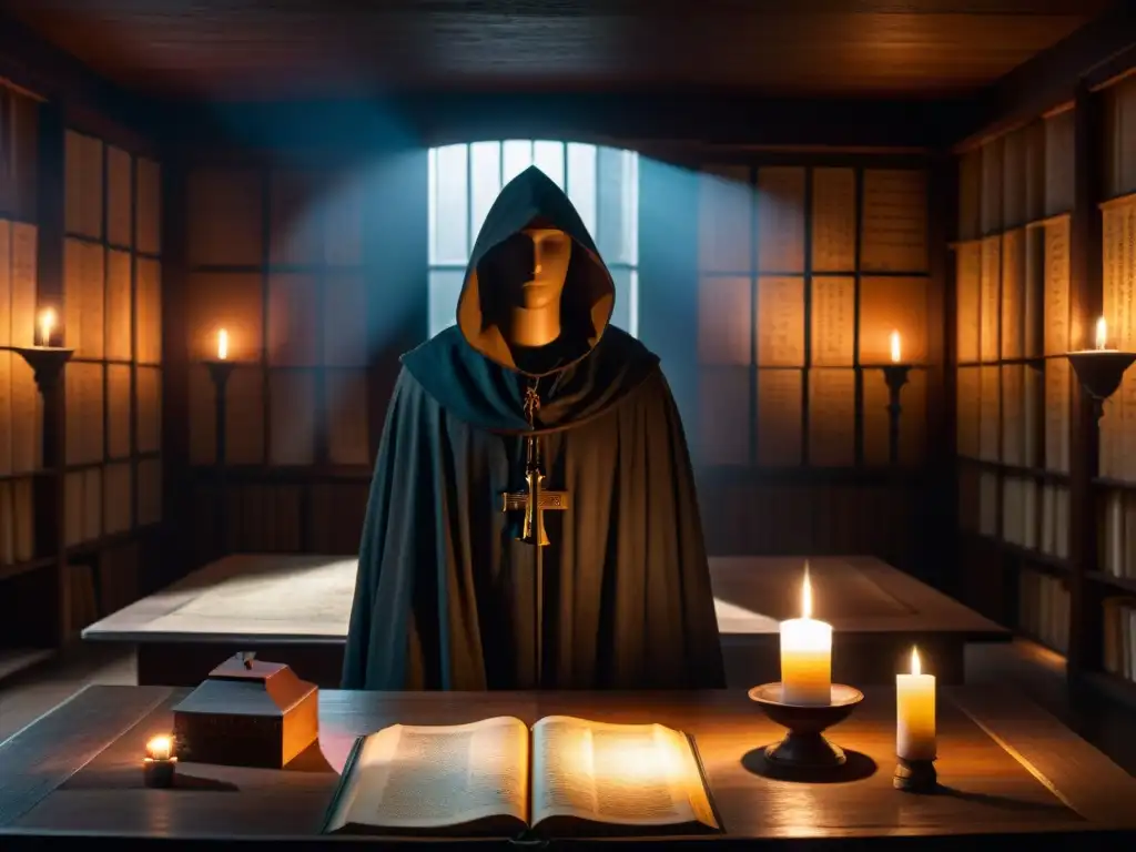 Misteriosa escena con manuscritos antiguos en mesa de madera Enigmática escena en una habitación con mesa de madera, manuscritos antiguos y una vela titilante, con la silueta de una figura misteriosa al fondo