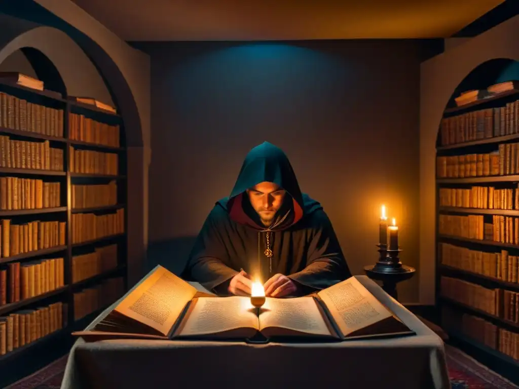 Enigmática escena con libros antiguos y una figura misteriosa estudiando un tomo ornamental a la luz de una vela titilante