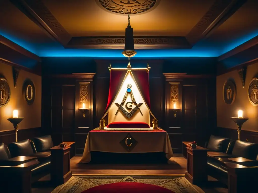 Misterioso ritual masónico en cámara secreta Enigmática escena de una logia masónica con símbolos antiguos y figuras en túnicas realizando un ritual alrededor de un altar brillante