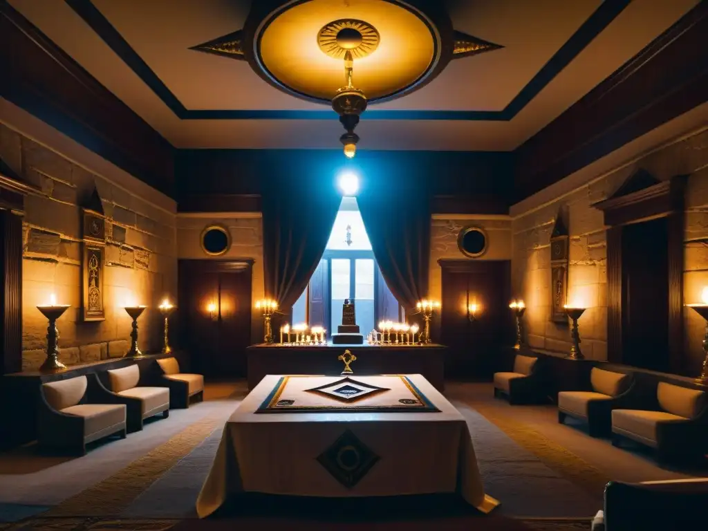 Rituales misteriosos en la logia masónica Enigmática escena de logia masónica con figuras misteriosas en ritual