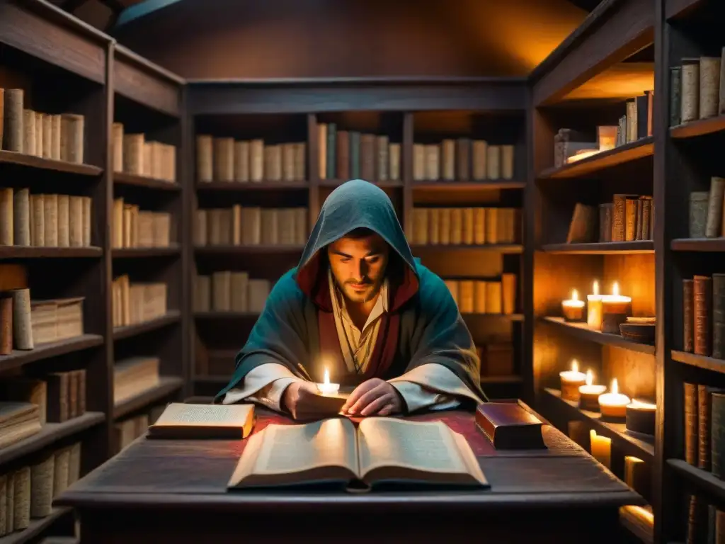 Enigmática escena de una sala iluminada con manuscritos antiguos, un personaje encapuchado leyendo un libro