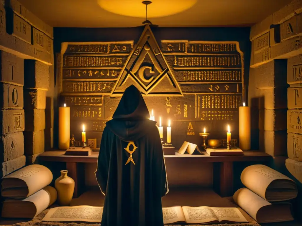 Enigmática escena en una sala llena de símbolos masónicos, con figura encapuchada descifrando códigos