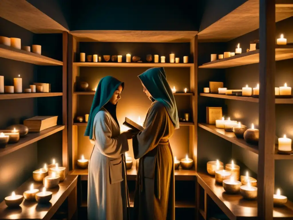 Enigmática escena de sociedad secreta realizando ritual en biblioteca antigua