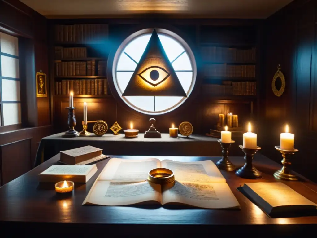 Enigmática escena de sociedades secretas Iluminati en una habitación llena de artefactos misteriosos y símbolos, iluminados por una tenue luz