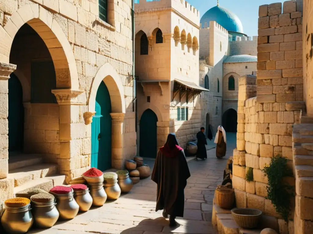 Enigmática escena de Jerusalén con sociedades secretas y misticismo, donde figuras ocultas deambulan entre callejones antiguos y mercados vibrantes