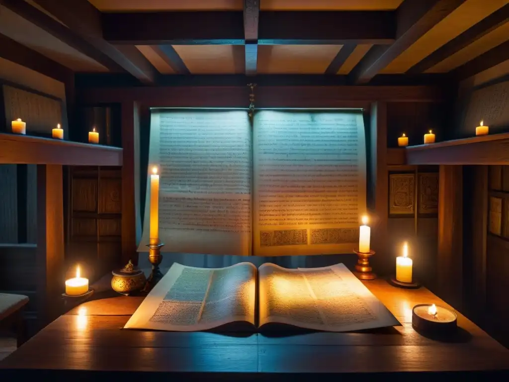 Misteriosa sala de secretos con mapamundi antiguo y velas titilantes Enigmática sala decorada con manuscritos antiguos y un mapa del mundo enigmático iluminados por una vela titilante