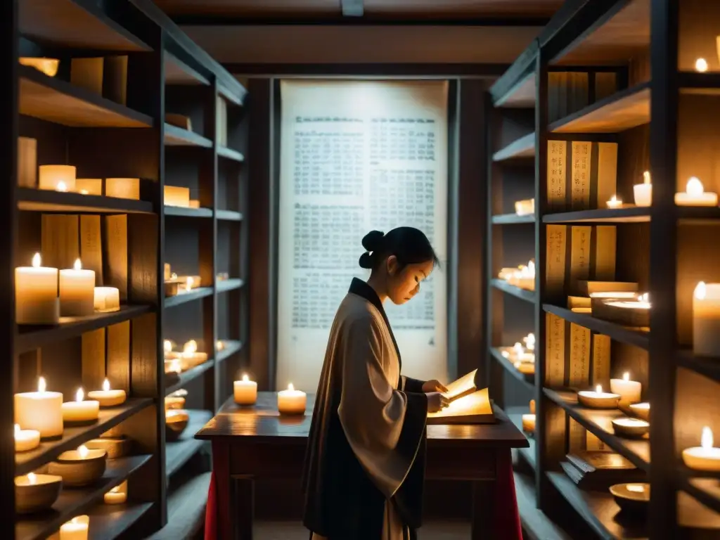 Enigmática sala llena de antiguos textos, velas y el símbolo del I Ching