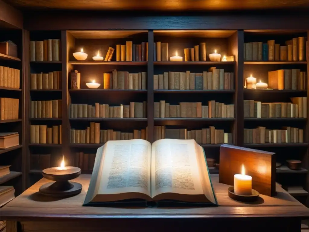 Misterioso estudio de manuscritos antiguos y artefactos Enigmática sala llena de manuscritos antiguos y artefactos