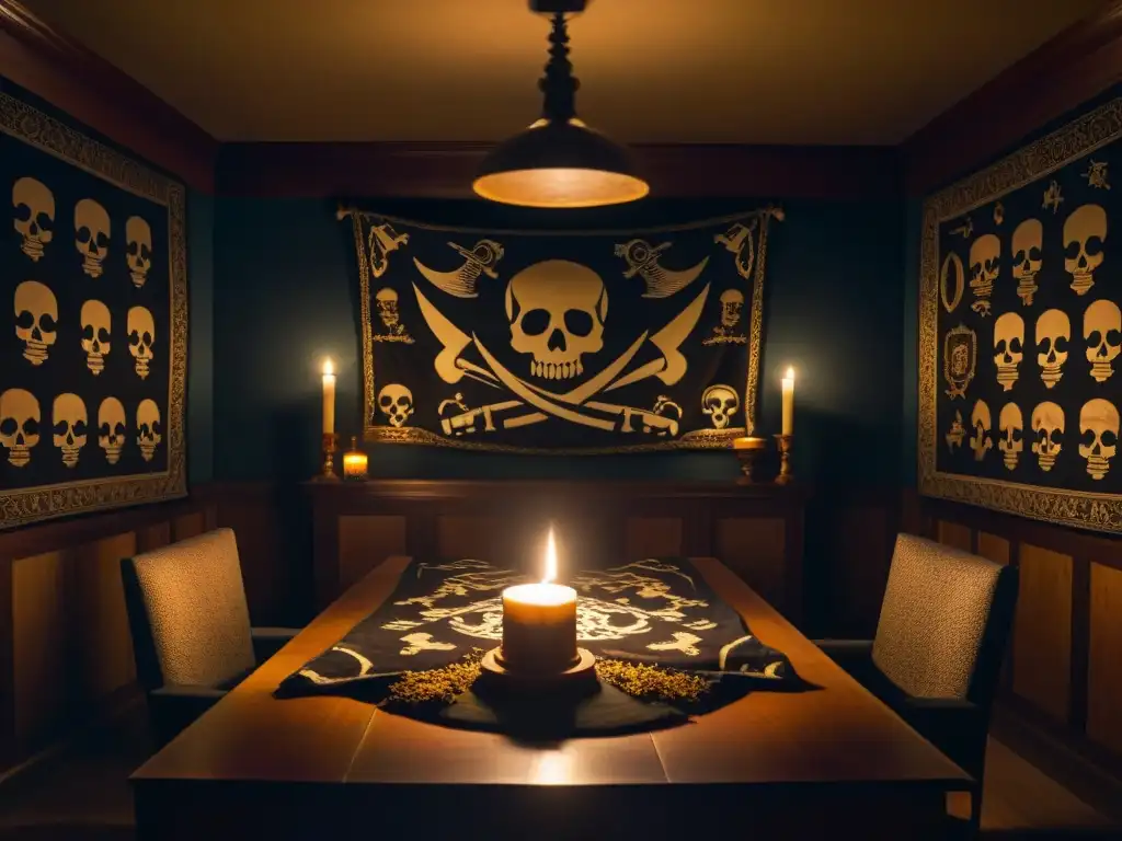 Salón secreto de Skull and Bones: misterios y poder Enigmática sala de reuniones clandestina de la Sociedad Skull and Bones, con símbolos antiguos, documentos crípticos y un cráneo pulido