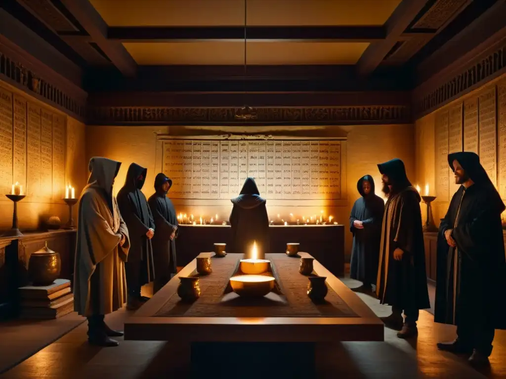 Enigmática reunión de sociedad secreta en habitación iluminada por velas con símbolos y figuras misteriosas