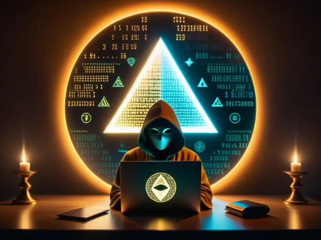 Enigmática sociedad secreta analizando el impacto de las criptomonedas en un ritual misterioso