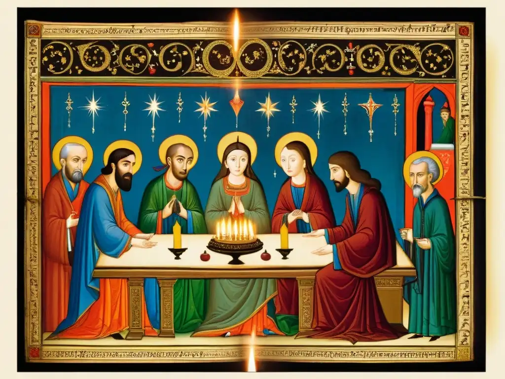 Reunión clandestina en manuscrito iluminado Enigmática reunión de sociedades secretas en cámara iluminada con antiguos textos y símbolos
