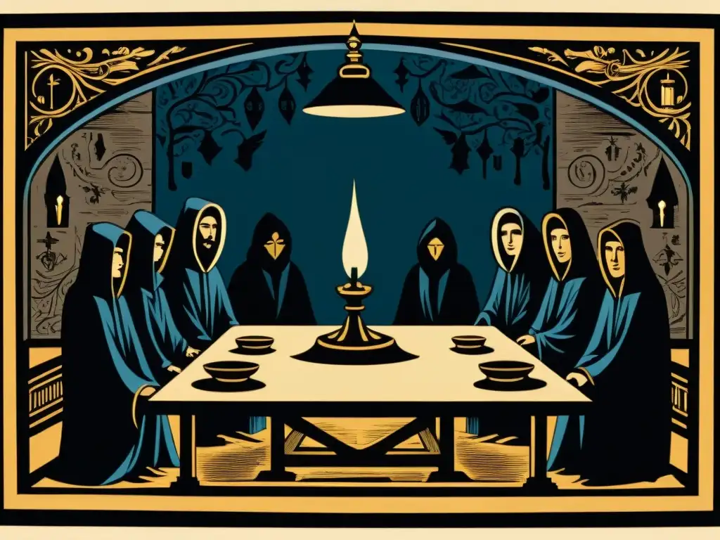 Enigmática reunión de sociedades secretas, con figuras encapuchadas alrededor de una mesa iluminada por velas, influenciando la historia