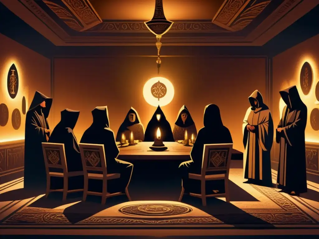 Sala de reuniones mística y secreta con figuras enigmáticas Enigmática reunión de sociedades secretas influencia historia moderna en sala adornada con símbolos místicos y antiguos artefactos