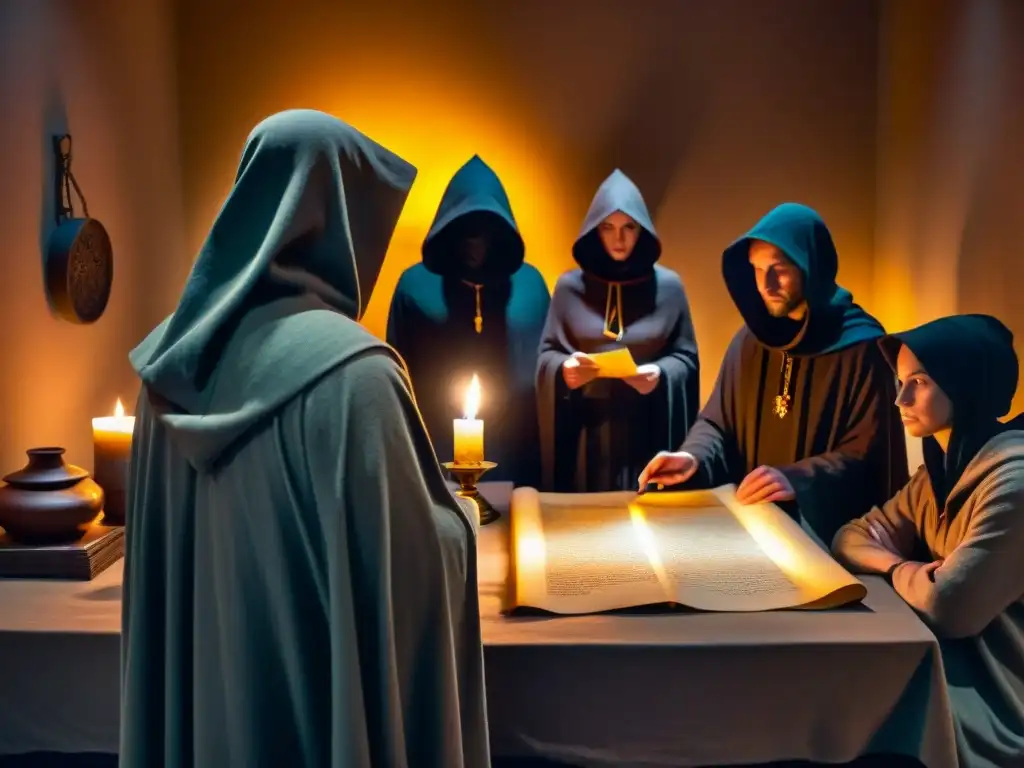 Enigmática reunión de sociedades secretas en penumbra, influenciando el mundo moderno
