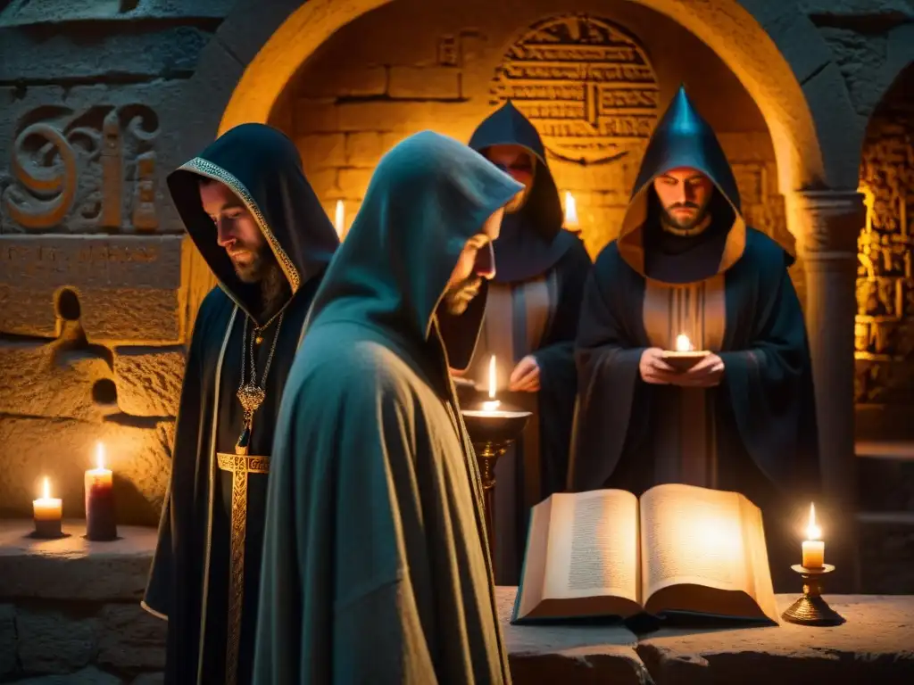 Enigmática reunión de sociedades secretas en una sala a la luz de velas, con símbolos antiguos en las paredes de piedra