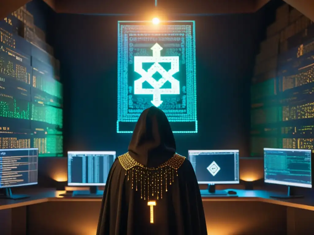Figura misteriosa en la blockchain: poder y secretos Enigmática figura en sombras frente a pantalla de blockchain, revelando impacto criptomonedas en sociedades secretas