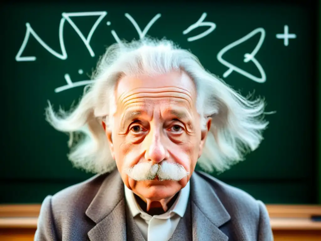 El enigmático cabello blanco de Albert Einstein, con detalles intrincados y fondos matemáticos borrosos