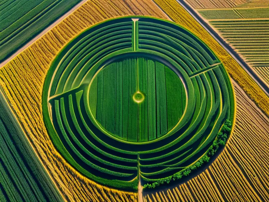 Un enigmático círculo de cultivo dorado en un extenso campo de trigo, con patrones geométricos precisos y misterioso diseño