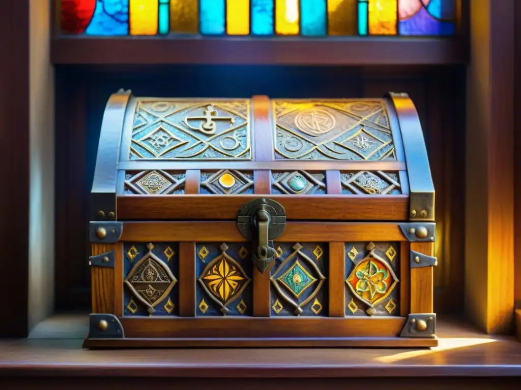 Enigmático cofre tallado con símbolos místicos y pergaminos antiguos, en una habitación de libros polvorientos