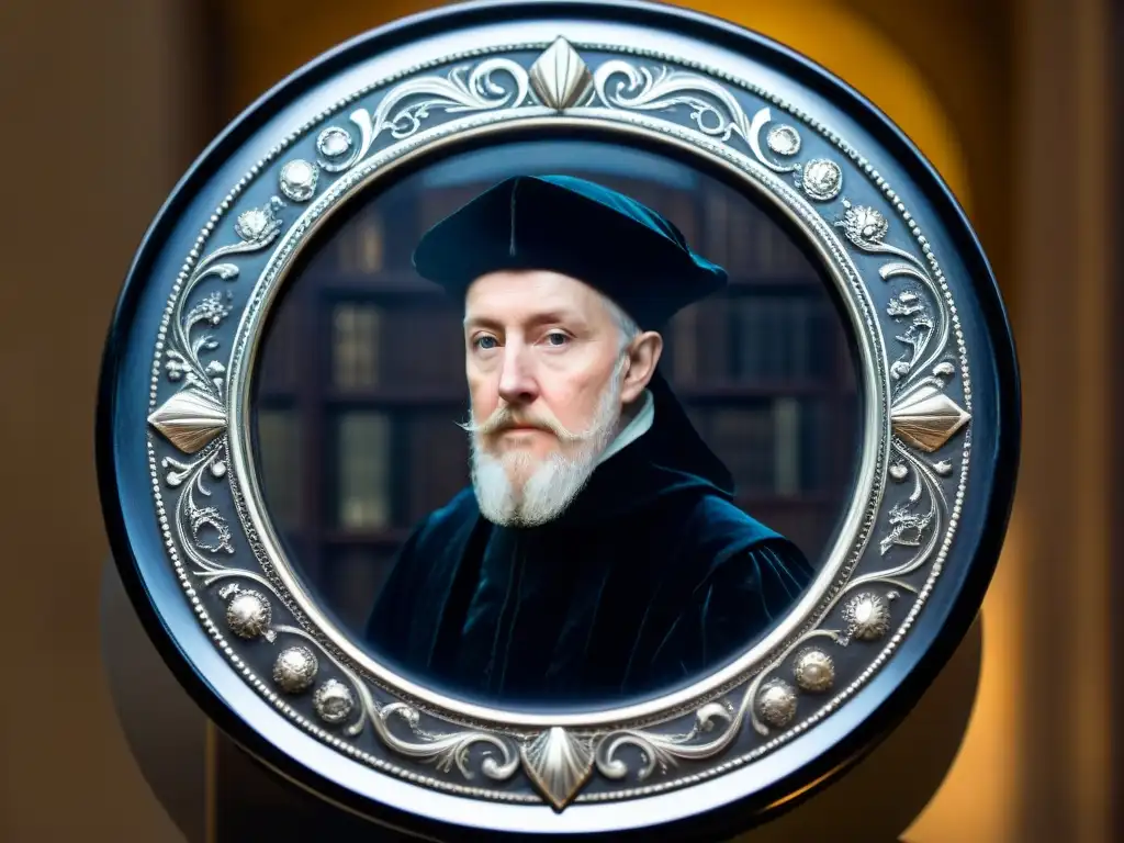 Enigmático espejo de obsidiana de John Dee con figura etérea reflejada, evocando misterio y conocimiento oculto