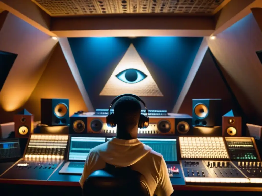 Enigmático estudio de grabación iluminado con símbolos Illuminati y una influencia sutil en la industria musical