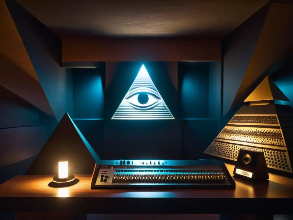Enigmático estudio de grabación con símbolos Illuminati integrados sutilmente en decoración y equipo, creando una atmósfera de secretos y misterio