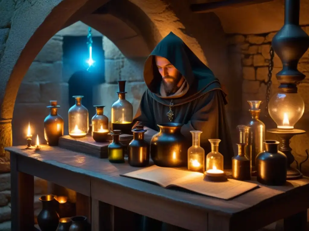 Enigmático laboratorio de alquimia medieval iluminado por velas, con figura encapuchada