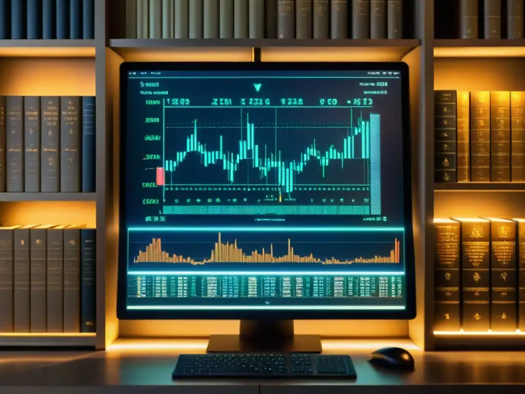 Simbología mística en finanzas: fusión visual impactante Un enigmático lienzo digital con simbolismos esotéricos y gráficos de criptomonedas moderno, en un ambiente misterioso