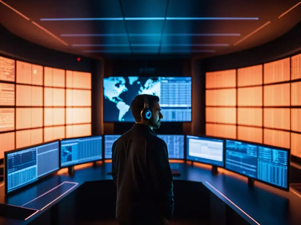 Un enigmático operativo tecnológico en la sombra, rodeado de monitores con datos y símbolos, revela la influencia de los Illuminati en tecnología